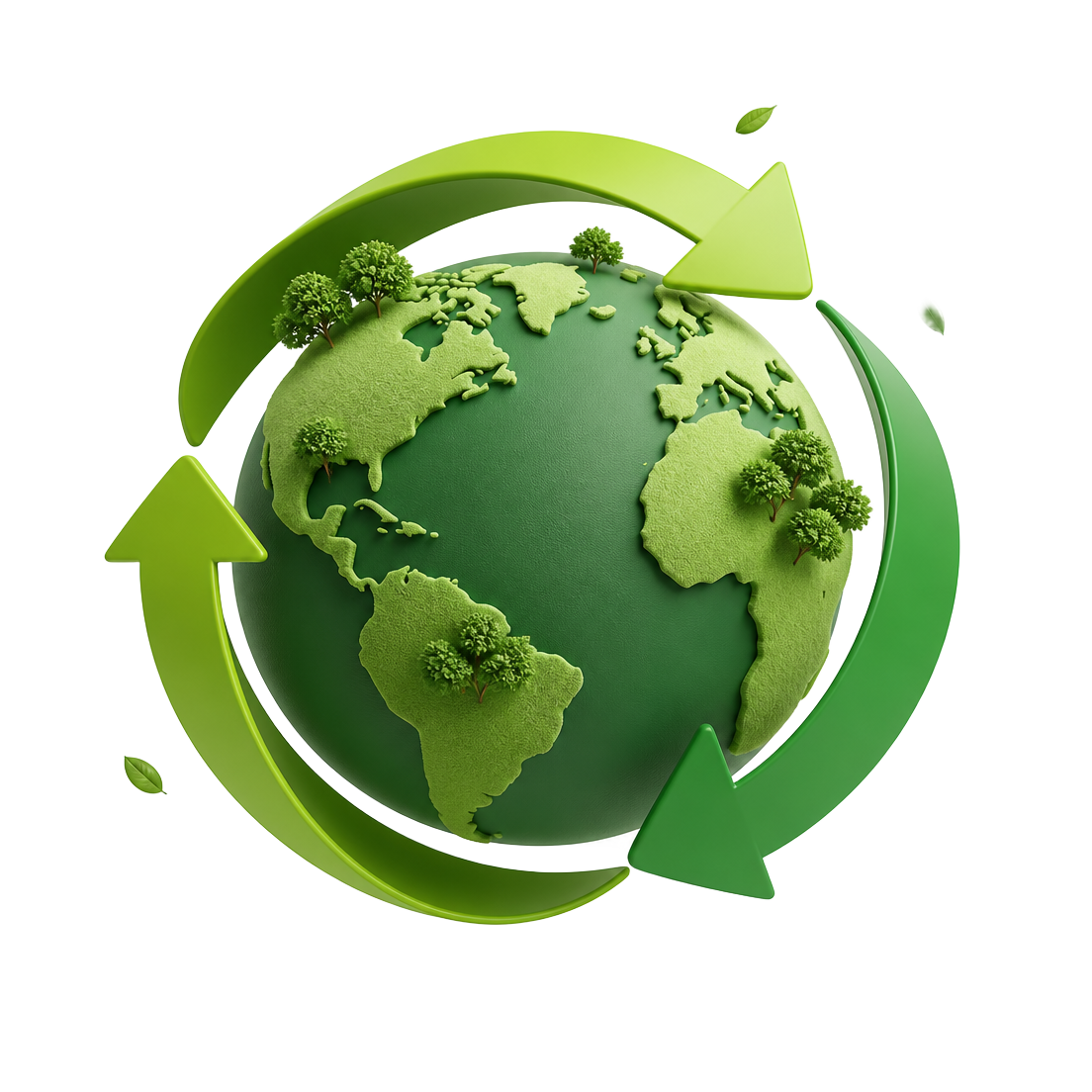 Green globe encircled by recycling arrows with trees