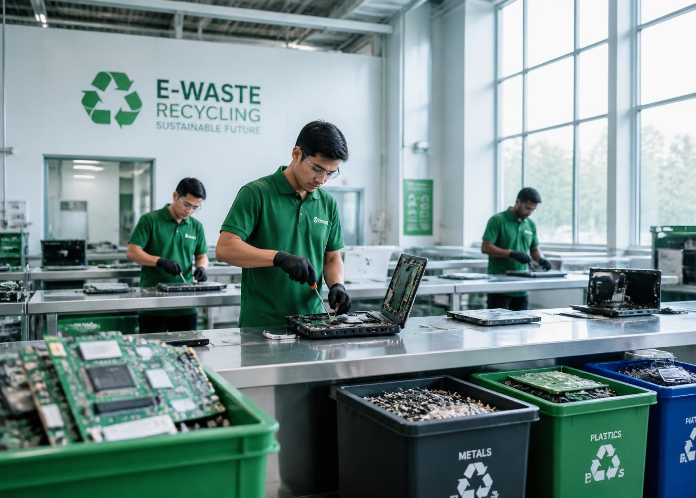 Technicians dismantling laptops at a clean e-waste recycling facility